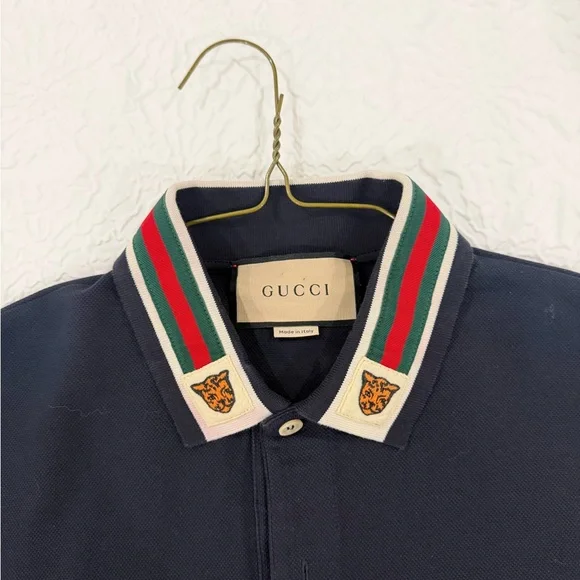 Gucci Navy Polo with Multicolor Striped Collar